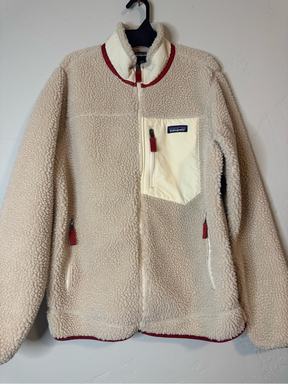 Patagonia Women's Cream Retro Pile Fleece Jacket with Red Trim, Size L